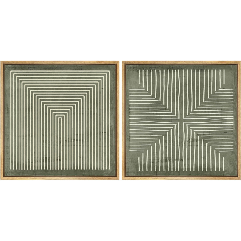 Geometric Abstract Line Minimalist - Framed Canvas Master Bedroom Wall Art Work 2 Pieces Print, Green, 24" H x 24" W x 1.5" D