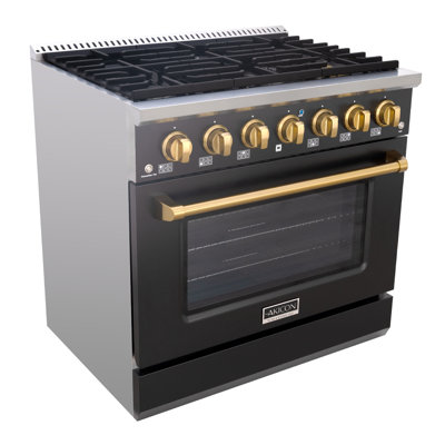 Akicon 36 Inch Freestanding Gas Range - Gas Oven Stove With 6 Sealed Burners, Heavy Duty Cast Iron Grates - 5.2 Cu. Ft. Capacity Rapid Convection Oven With Blue Porcelain Interior (black & Gold)
