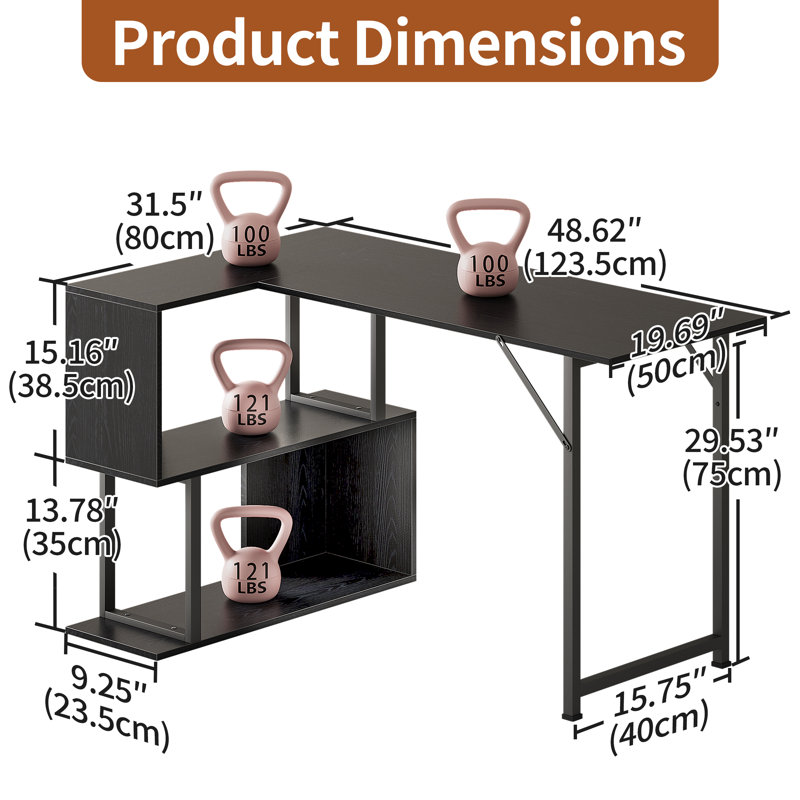 Industrial L-Shaped Desk with Storage Shelves,48 Inch Corner Computer Gaming Desk PC Laptop Study Table Workstation Wtiting Desk with Bookshelf for Home Office Small Space,Black