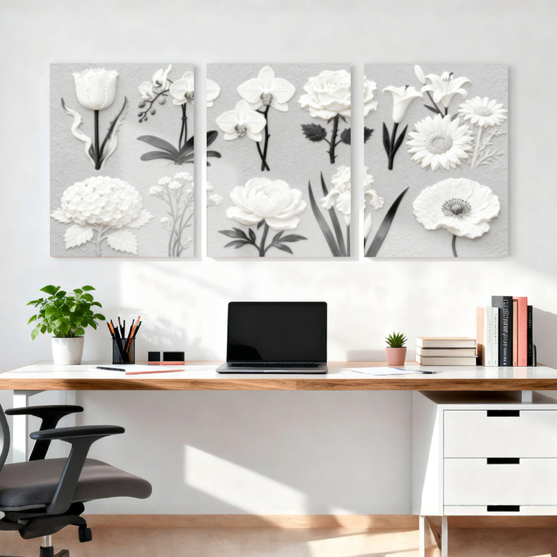 Art floral blanc sur toile botanique blanc, impression en relief 3D (ensemble de 3), H 36 po x l 72 po