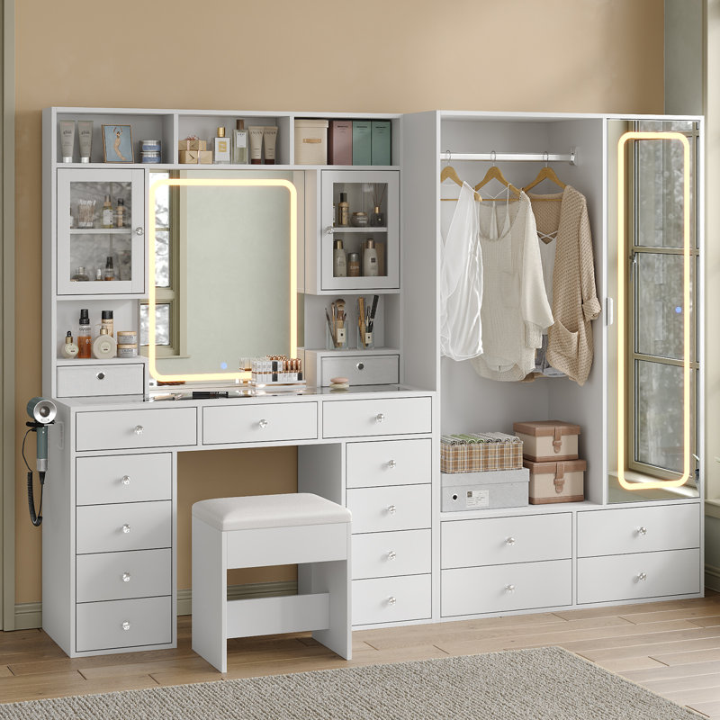 Grande coiffeuse avec miroir DEL et rangements de rangement, miroir pleine longueur, station de recharge, tiroirs