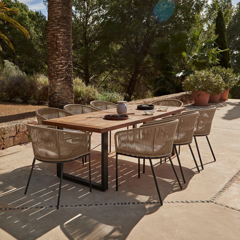 Fabiano Rectangular Long Dining Set with Cushions and Umbrella, 8, 75cm H x 235cm W x 90cm D, Natural with Cream Parasol