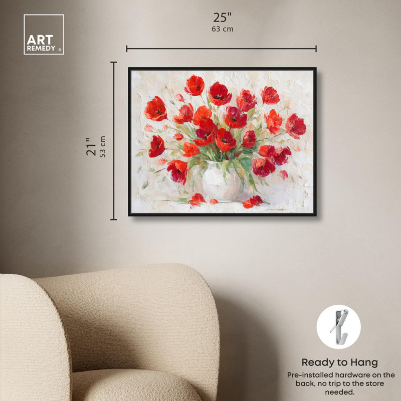 «Red Blooms in a Vase Canvas», art mural occidental par , H 21 po x l 25 po, Cadre flottant noir