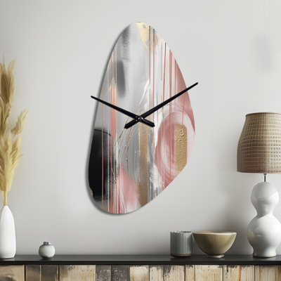 Sangiovese Pink Gold Circle Complexity - Transitional Shapes Asymmetrical Metal Wall Clock, Modern Unique Shape Wall Clock Print