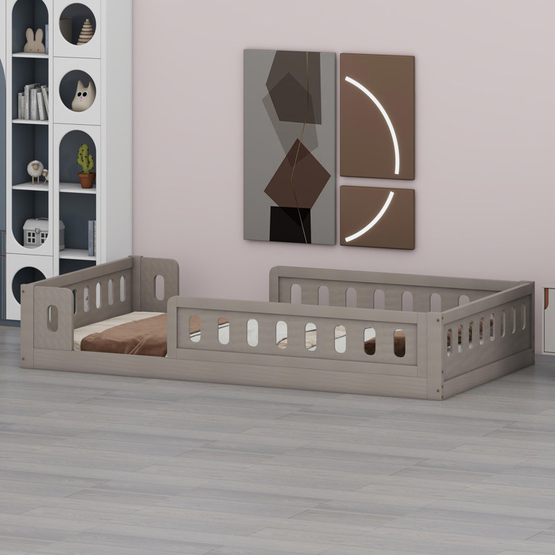 Wooden Platform Bed Frame with Safety Guardrail, Natural