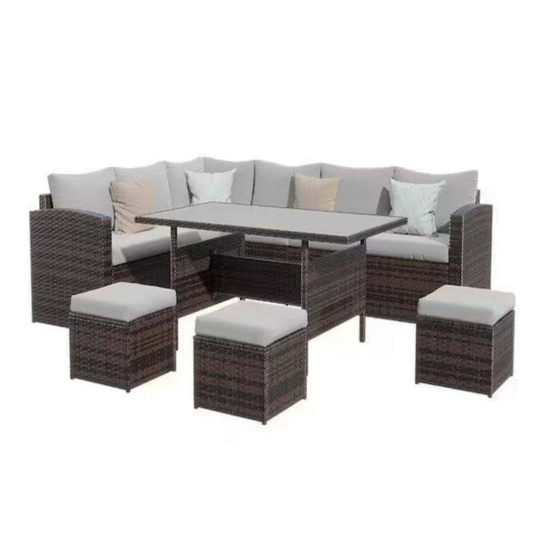 7 Piece  Wicker Outdoor Dining Set,  9-Seat  Outdoor Sectional Gray Cushions Sofa With Ottomans & Dining Table For Porch Backyard Garden
