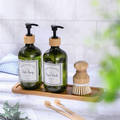 4 Pcs 16 Oz Kitchen Soap Dispenser Set With Bamboo Tray And Dish Brush Plastic Soap Dispenser Set With Waterproof Labels For Hand Dish Lotion