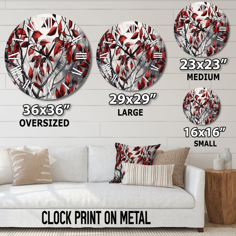 Horloge murale à feuilles rouges et grises sur un arbre VI, Surdimensionné