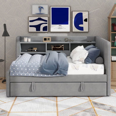 Lit de jour simple rembourré en tissu avec couchette, tablettes de rangement intégrées, ports de chargement USB