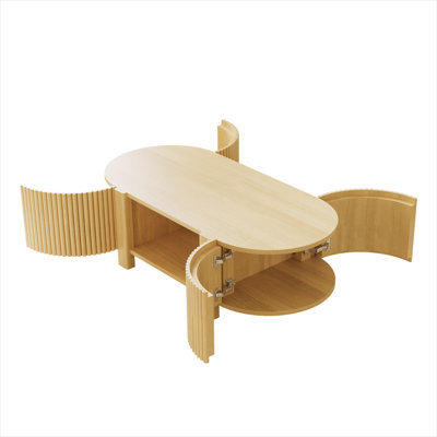 47-Inch Organic Natural Solid Wood Oval Coffee Table with Fluted Front, Two Open Storage Doors, and Lower Shelf for Living Room