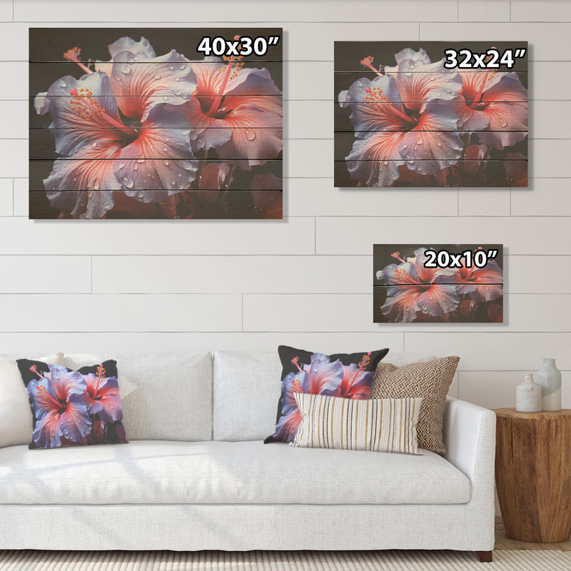 Hibiscus mauve moderne en fleurs - Hibiscus, art mural sur bois de pin naturel, H 24 po x l 32 po