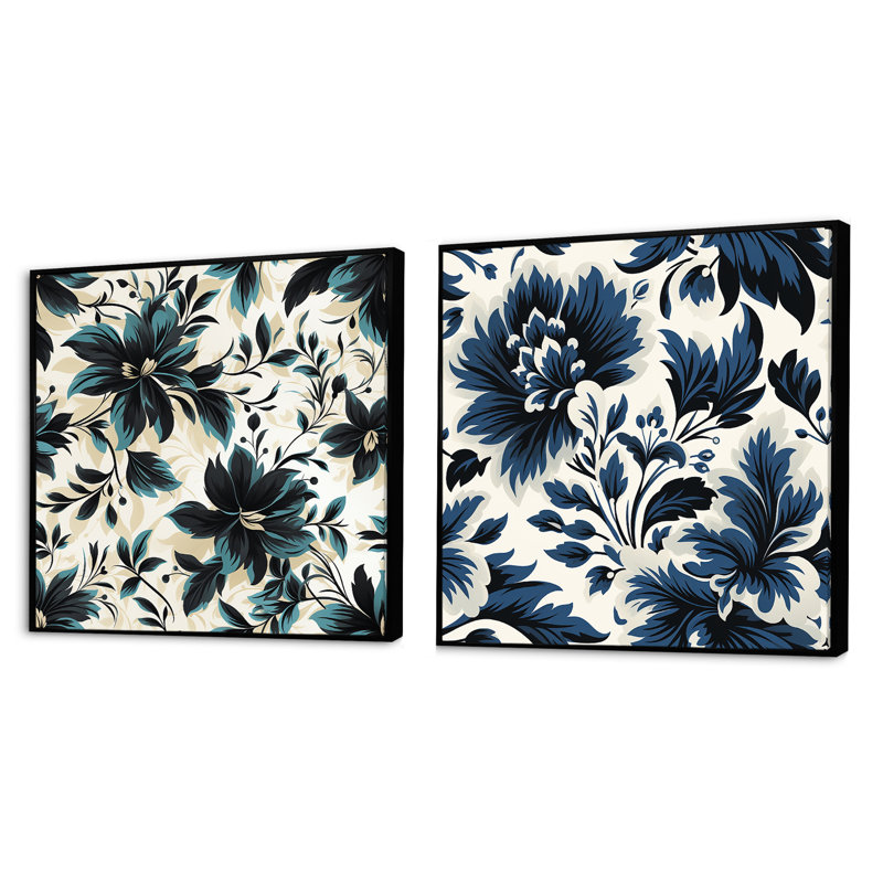 Damas Euphony - Ensemble de 2 collages carrés botaniques abstraits, H 16 po x l 33 po, Cadre flottant noir
