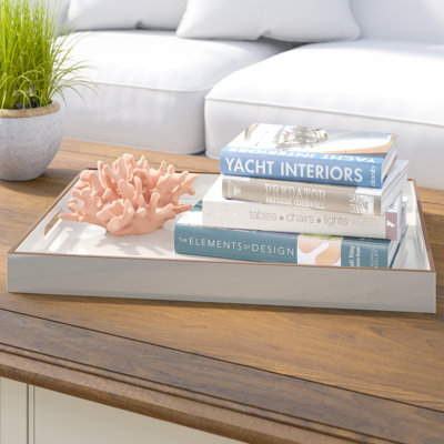 Plateau rectangulaire en plastique blanc de 19 po avec poignées découpées, plateau décoratif moderne pour le service, le rangement ou la pièce maîtresse