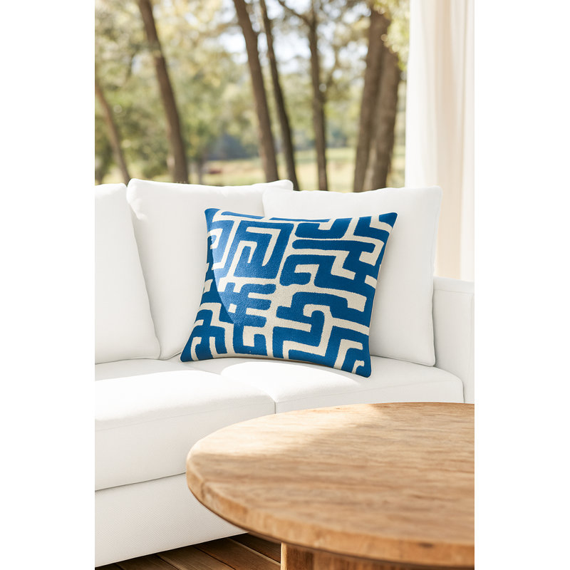 Natural Beige Nomad Maze Indoor Outdoor Pillow 20x20, Blue, Square 20", Pillow Cover Only - No Insert