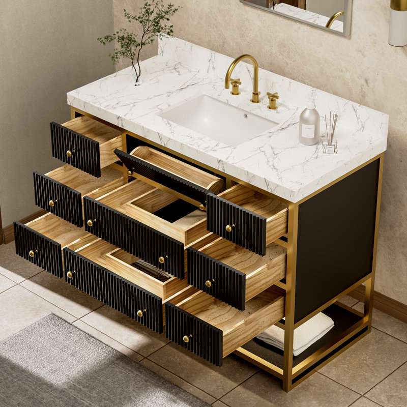 48 po X P 22 po P 35,4 po Meuble-lavabo simple H noir avec plateau en marbre blanc, Noir, 48"