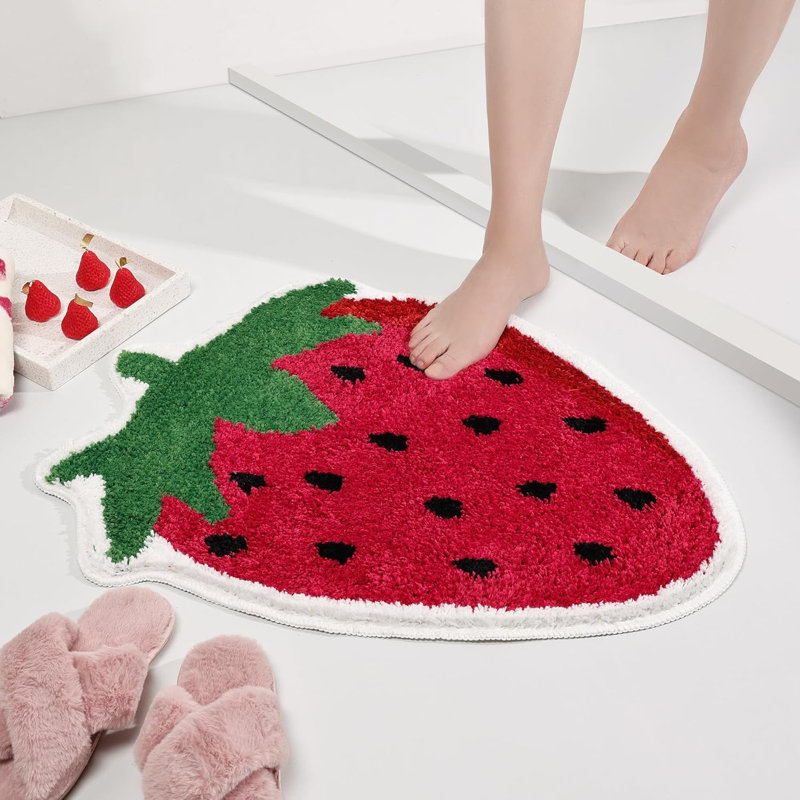  Red Strawberry Bathroom Rugs, Luxury Absorbent Non Slip Washable Bathroom Mats, Fruit Shaped Fun Plush Bathtub Rug Shower Rugs For Home Decor