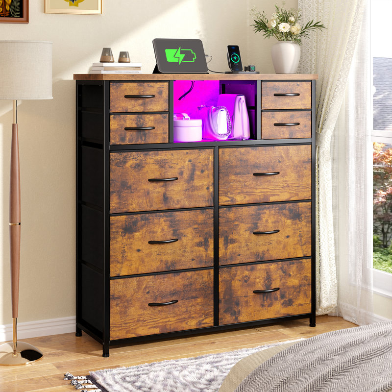 Grande commode avec rangement et éclairage - 10 tiroirs en tissu - Convient aux chambres à coucher, aux salles à manger et aux salons