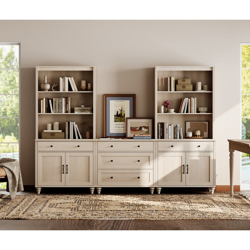 Scarlett 72.1" H x 98.4" W MDF Bookcase with Drawers & Cabinets, Light Beige