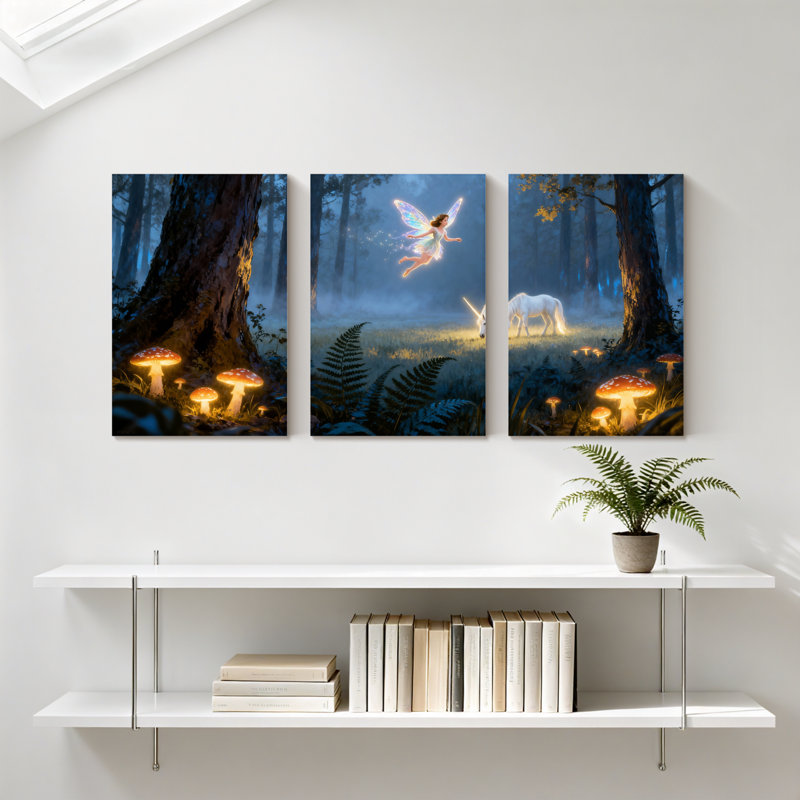 Hiver, forêt, fée, licorne, forêt, champignons, lueur, nuit, lumière magique, ensemble de 3 impressions sur toile