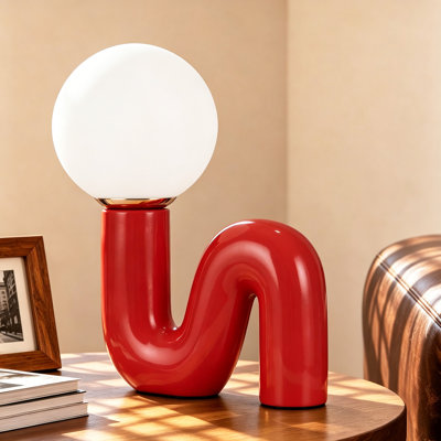 Red S-Curve Ceramic Table Lamp with Frosted Glass Globe Shade, 15 Inch Tall