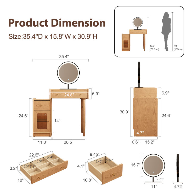 Coiffeuse de maquillage en bois massif avec armoire réversible, plateau en verre à DEL et rangement réglable, miroir non inclus