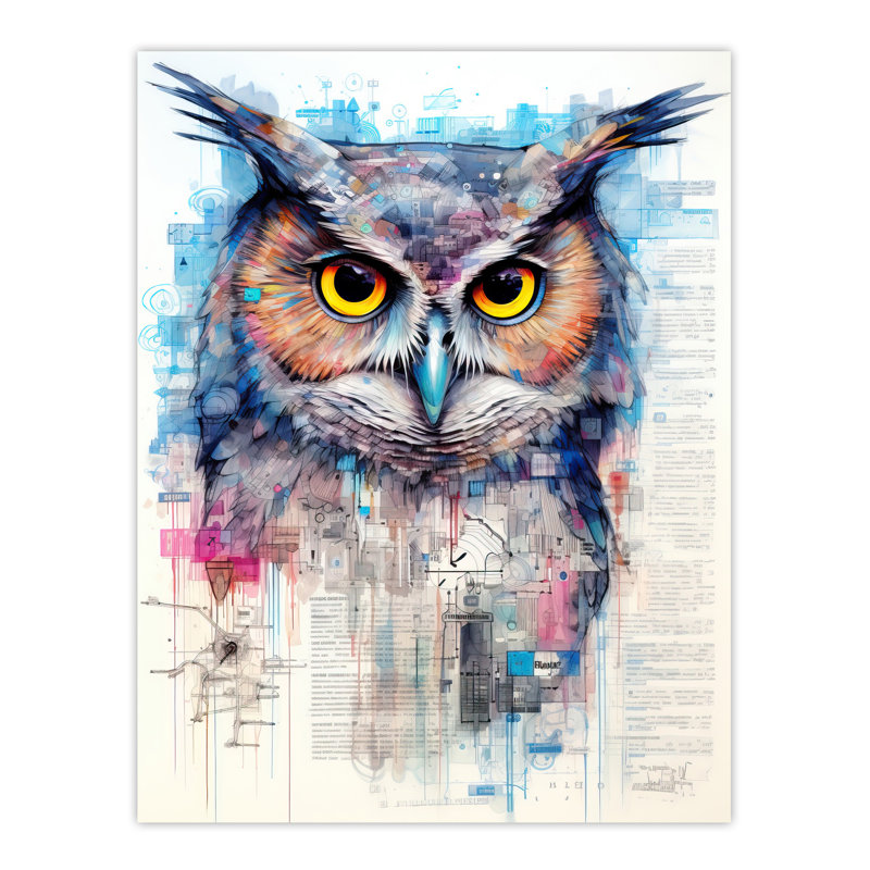 Wall Art Print Great Horned Owl Robot Hybrid Secret Military Schematic Futuristic Complex Arcane Manuscript Gift For Cave Poster