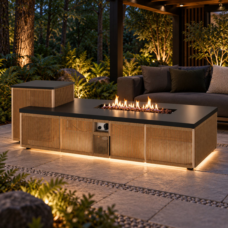 59-Inch Rectangular Propane Fire Pit Table with 50,000 BTU Burner, Raised Side Table and Rope-Woven Base