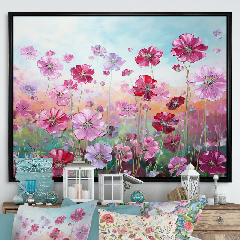 Fleurs de géraniums élégantes sur toile, Cadre flottant noir, H 34 po x l 44 po x P 0,5 po