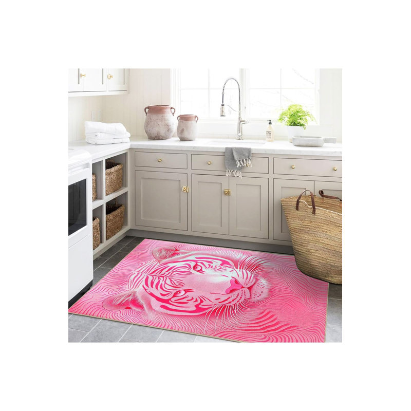 Tapis décoratif tissé à motif tigre rose lavable à la machine, Rectangle 3 pi 3 po x 4 pi 11 po