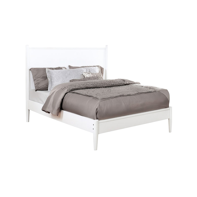 Lit plateforme double Mid-Century blanc, structure, pieds ronds fuselés, ensemble de lattes, pas de sommier pour les boiseries de décoration de chambre à coucher, nécessaire