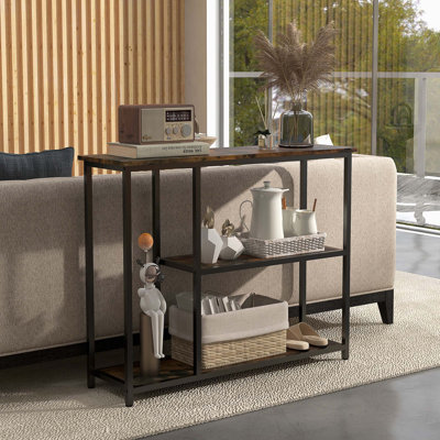 Console de 39 po, canapé moderne avec 2 tablettes de rangement, structure en acier, table d'entrée étroite pour le couloir, brun