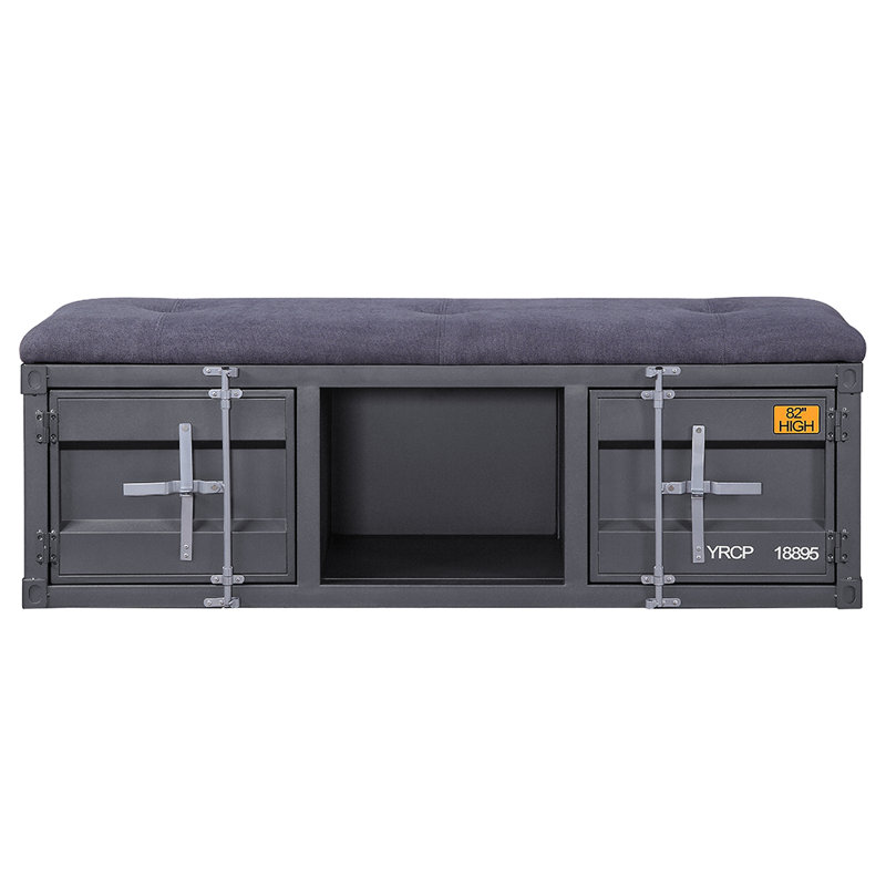 Contemporary Gray Fabric Cargo Storage Bench, 56" Gunmetal Accents