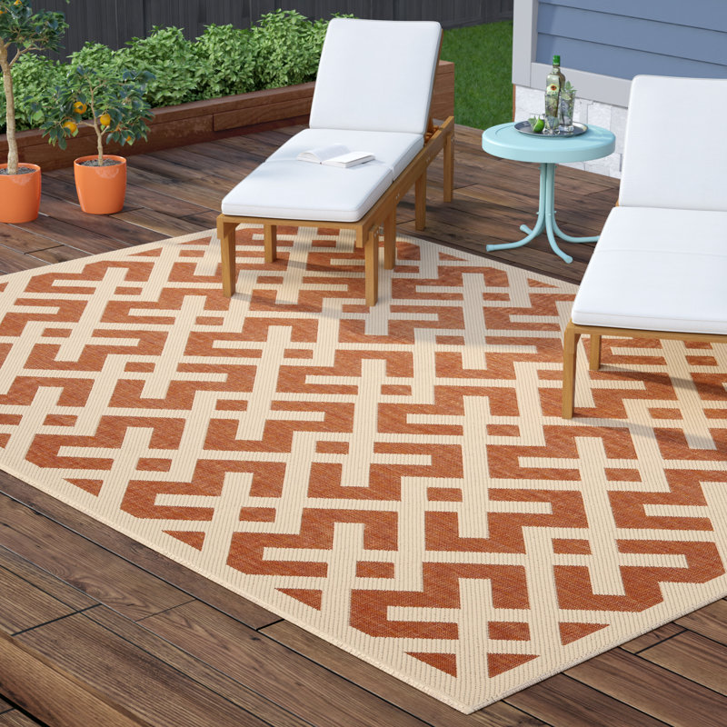 Arneshia Geometric Terracotta/Bone Indoor/Outdoor Area Rug, Rectangle 8' x 11'