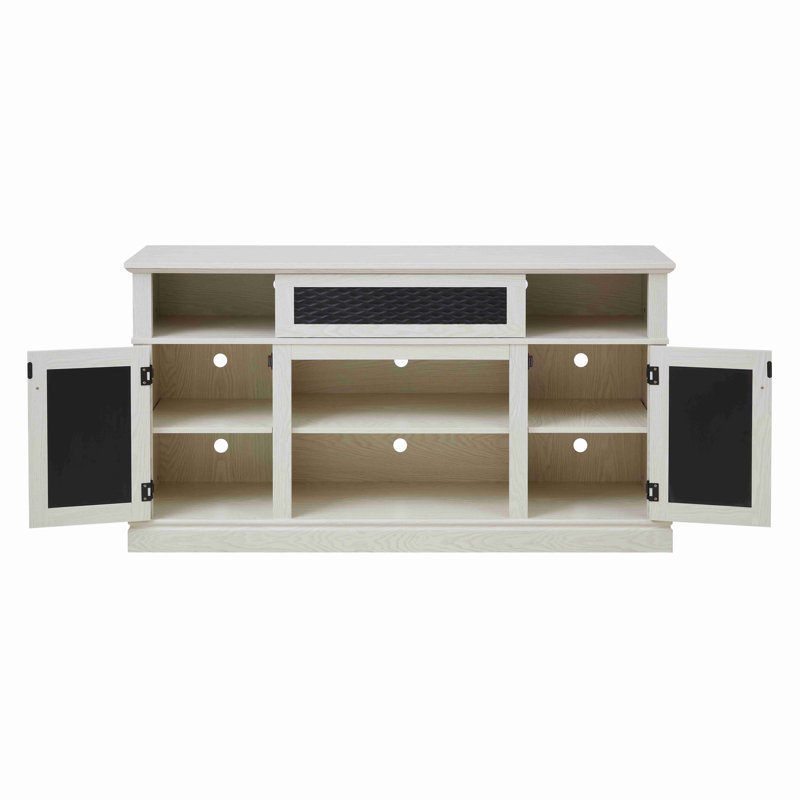 Meuble télé, console télé et média en relief avec espace de rangement ouvert et fermé et porte coulissante, Blanc