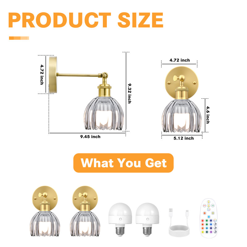 Rgb Dimmable Wireless Wall Sconces,Multi-Color Rechargeable Gold & Grey Glass Wall Sconces (Set Of 2, Brushed Gold, Gray