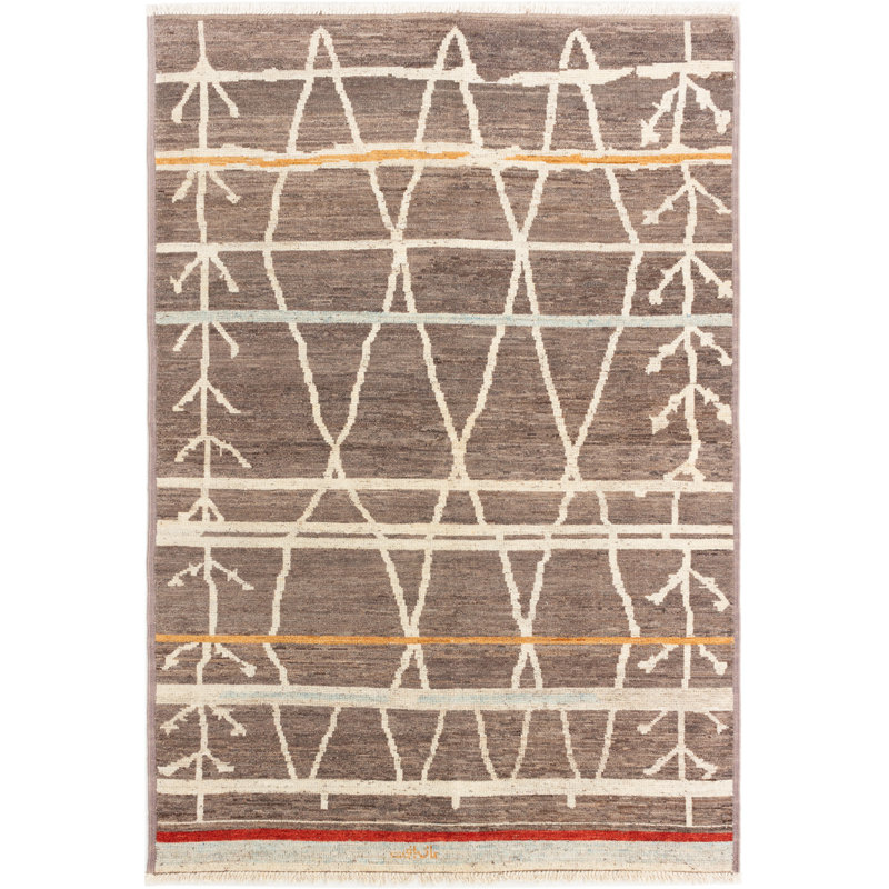 Tapis unique en laine noué à la main mogul des années 2010 brun clair / gris 6 pi 1 po x 8 pi 10 po Quiniyah