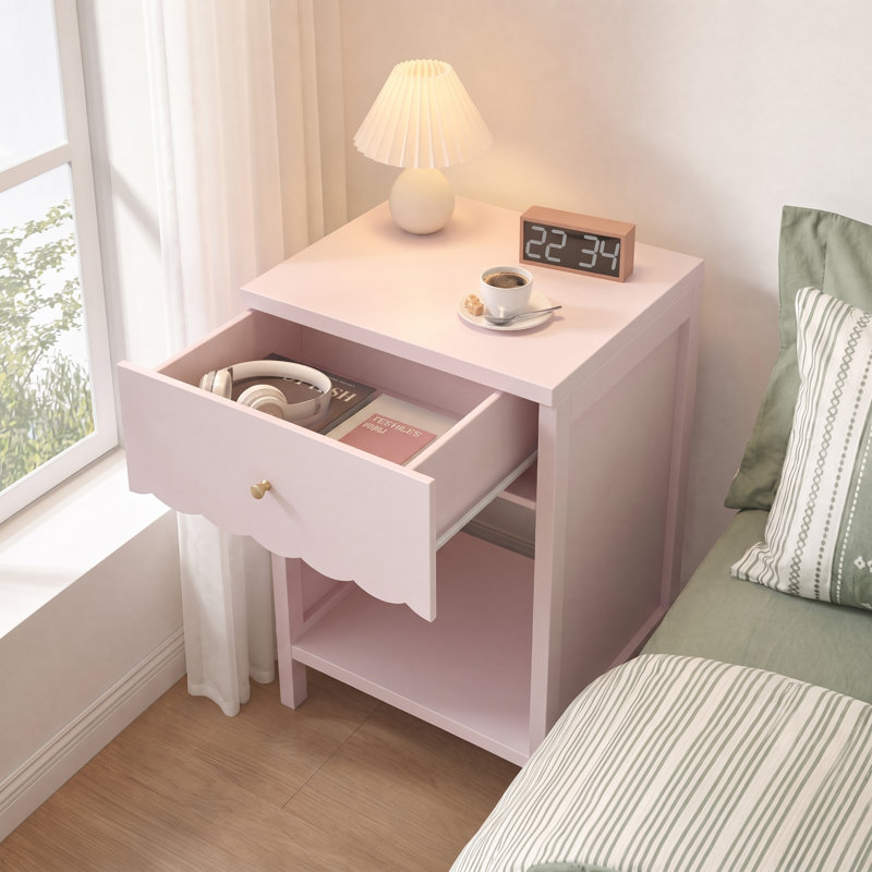 Table de chevet avec tiroir et tablette ouverte, table de chevet moderne à bord festonné, table d'appoint en bois pour chambre, meuble de chevet compact