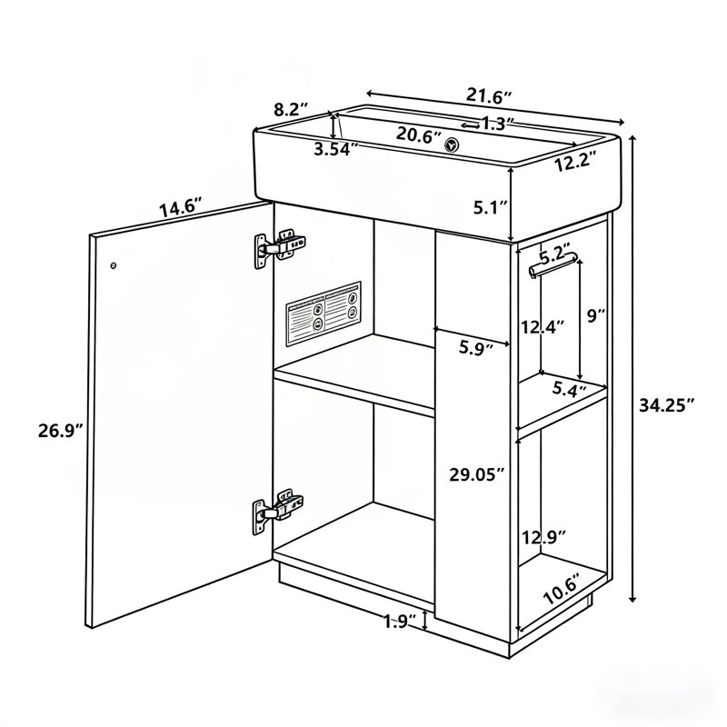 Meuble-lavabo compact de 21,6 pouces avec lavabo en céramique, armoire à grain de bois et rangement double pour les petites salles de bain