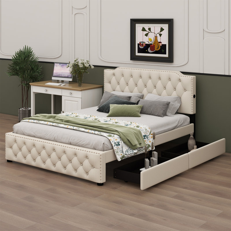 Lit plateforme tapissier avec 2 tiroirs et 2 ensembles de ports USB, Beige