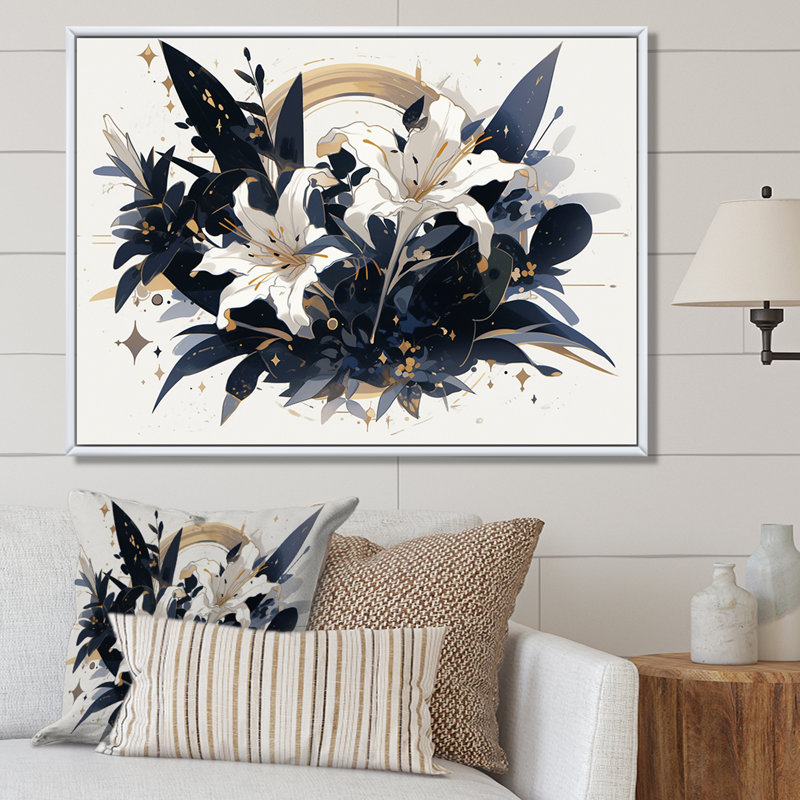 Décoration murale lis blanc et bleu - lis, Cadre simple noir, H 16 po x l 32 po x P 1 po