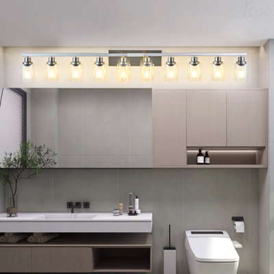 Éclairage pour meuble-lavabo de salle de bain tout en métal 10 lumières avec abat-jour en verre transparent, miroir mural à intensité variable E26