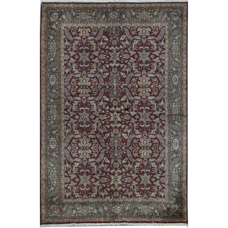 Hand-Knotted High-Quality Wine and Green Area Rug