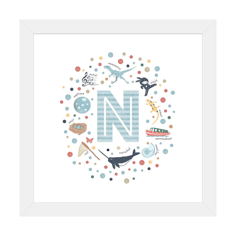 Lettre illustrée N bleue - impression, H 16 po x l 16 po x p 1 po, Papier encadré blanc, Blanc