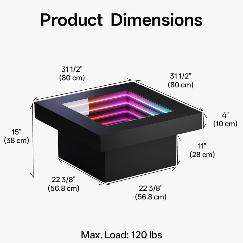 Table basse Infinity Mirror Light, Noir, H 15 po x L 31,5 po x l 31,5 po, Noir