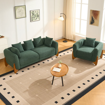 Ensemble canapé moderne Cloud 2 pièces, canapé 3 places en bouclette et fauteuil d'appoint, fauteuil de lecture moderne rembourré avec coussin assorti, fauteuil confortable pour le salon, vert