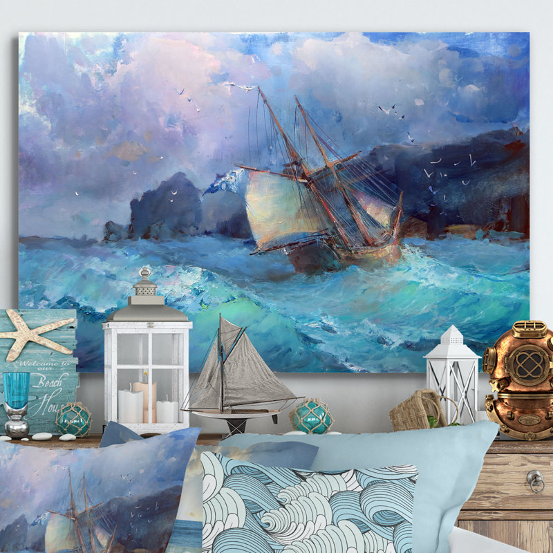 Illustration d'un vieux voilier colonial en tempête IV - Nautique et côtier, H 8 po x l 12 po x P 1 po, Toile tendue