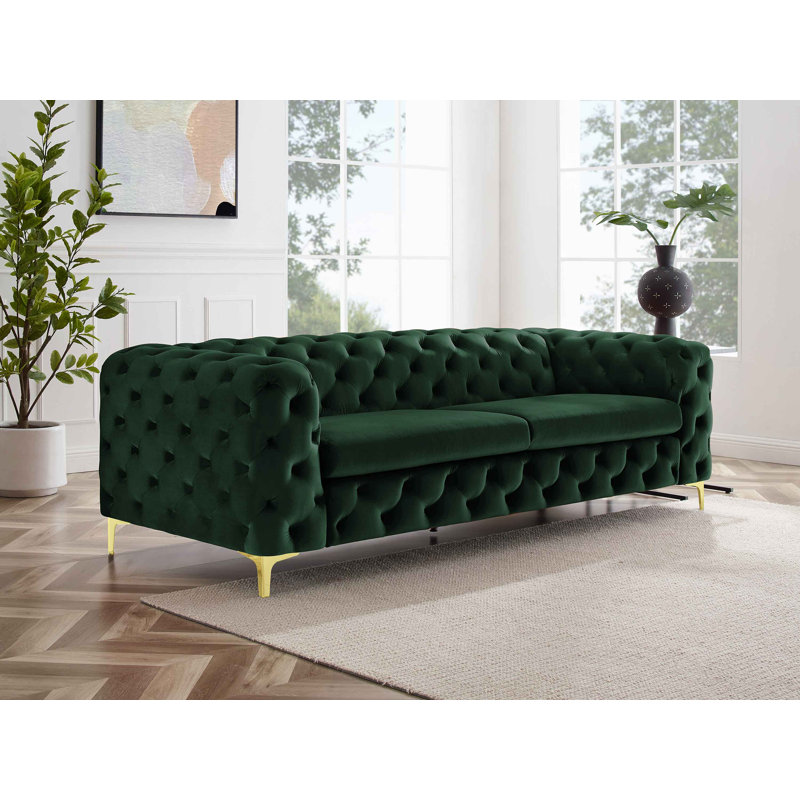 Ghaleb 237Cm Velvet Square Arms Sofa, Green Velvet, Gold