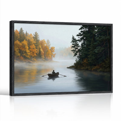 Rower in Wooden Canoe on Misty Lake with Golden Autumn Canvas Wall Art