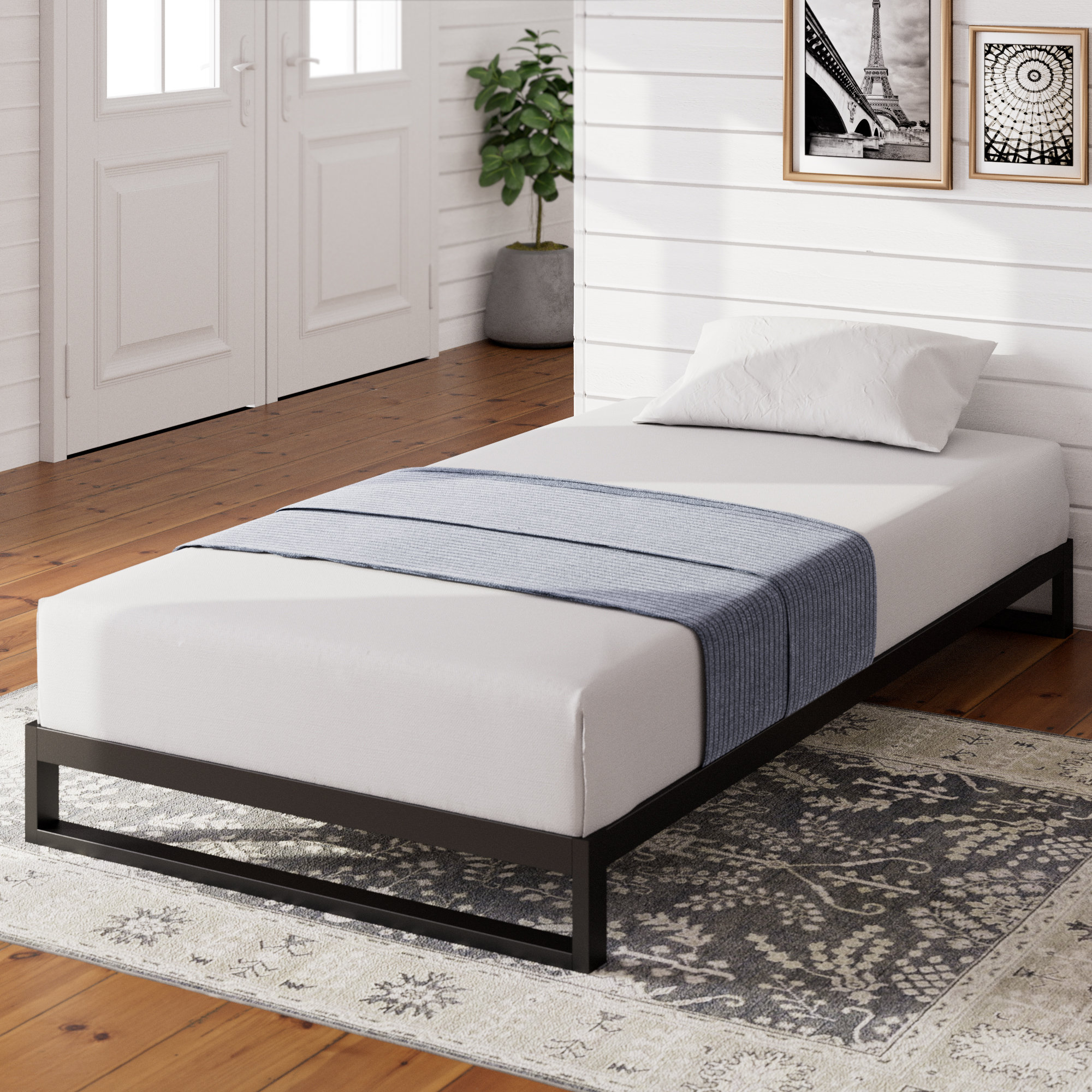 Shanaia Low Profile Metal Bed Frame Minimalist design bed frame Durable Steel Platform 18cm 7in Height Sturdy Wooden slats Easy Assembly