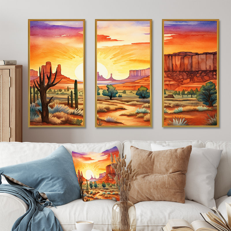 Native Navajo Landscape III - Ensemble de décoration murale d'art amérindien, Cadre flottant doré, H 32 po x l 48 po x P 1 po